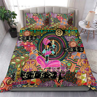 Bedding set with colorful African-inspired patterns, dancer graphic, and two matching pillow covers