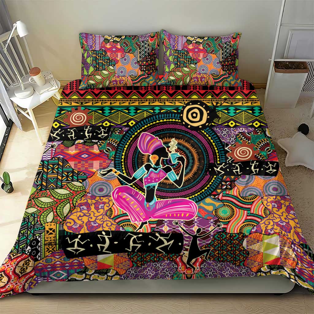 Bedding set with vibrant geometric prints, dancer silhouette, and matching pillow shams