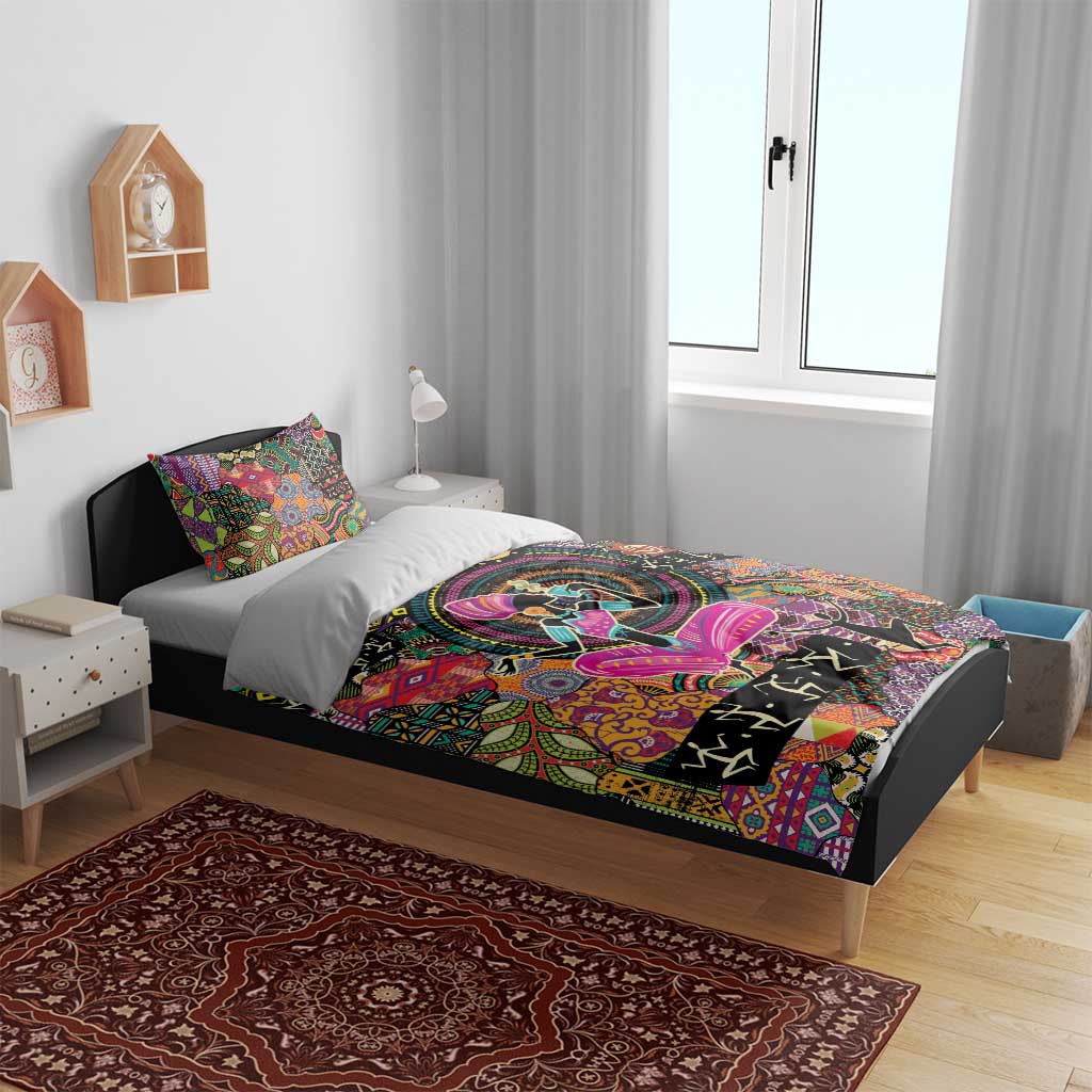 Bedding set with multicolor tribal print duvet and two pillow covers with dancer artwork
