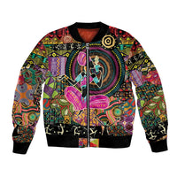Black bomber jacket with colorful African tribal motif, full-zip front and ribbed cuffs