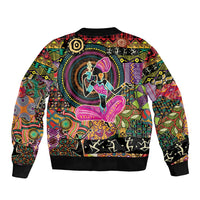 Black bomber jacket with large back graphic of African woman figure, ribbed hem and cuffs
