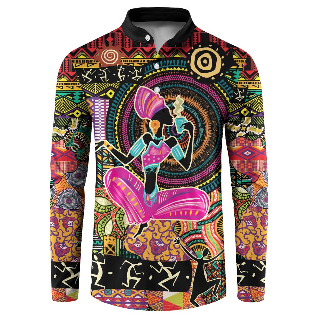 Black button-front sweatshirt with colorful ethnic motif graphics and long sleeves
