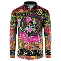 Black button-front sweatshirt with colorful ethnic motif graphics and long sleeves