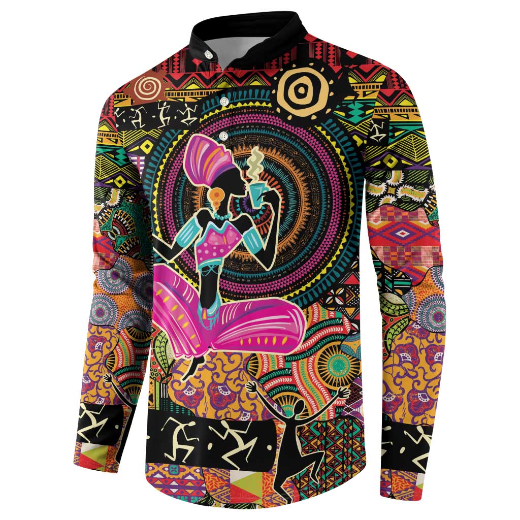 Black button-front sweatshirt with bold circular dancer motif and long sleeves