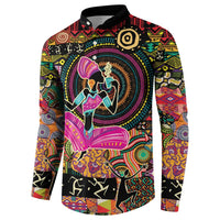 Black button-front sweatshirt with bold circular dancer motif and long sleeves