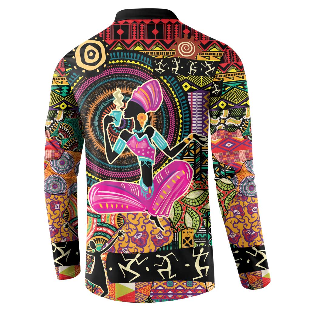 Black button-front sweatshirt with rear colorful dancer and circular motif print, long sleeves