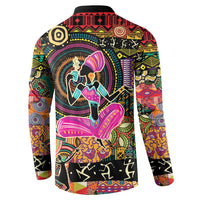 Black button-front sweatshirt with rear colorful dancer and circular motif print, long sleeves