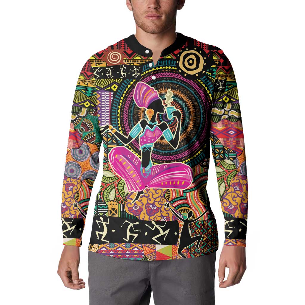 Black button-front sweatshirt with colorful dancer graphic and geometric border, long sleeves