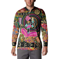 Black button-front sweatshirt with colorful dancer graphic and geometric border, long sleeves