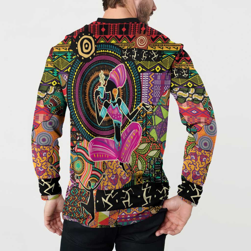 Black button-front sweatshirt with colorful back dancer and circular motif, long sleeves