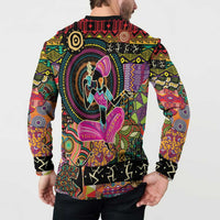 Black button-front sweatshirt with colorful back dancer and circular motif, long sleeves