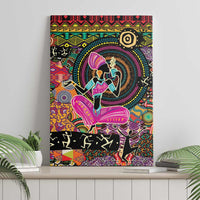 African women ethnic motifs canvas wall art, black background with central dancer and swirl halo