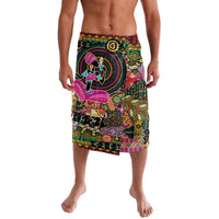 Women's knee-length lavalava skirt with colorful African-style motifs on dark base