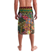 Women's knee-length lavalava skirt, multicolor geometric and animal motifs on dark base