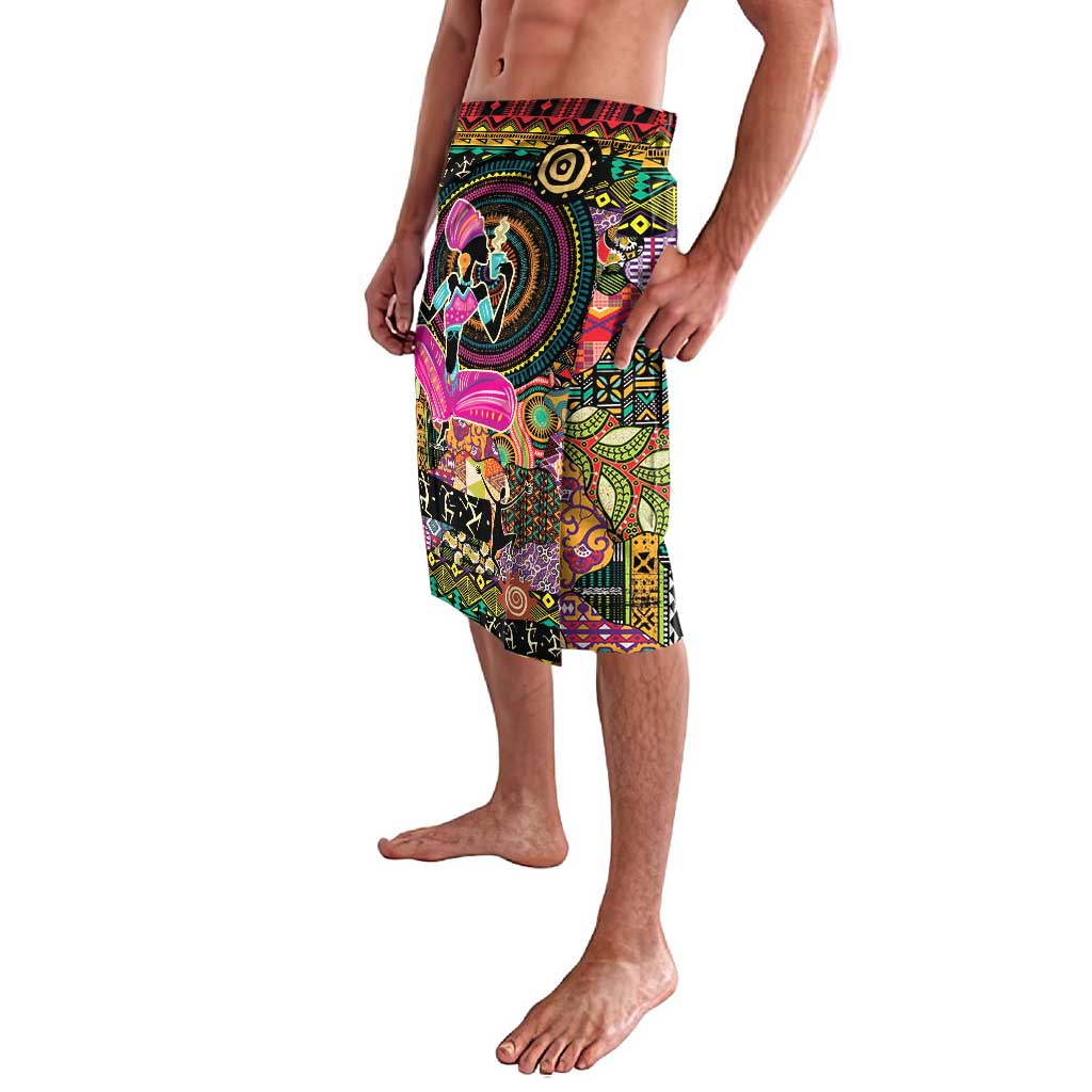 Women's knee-length lavalava skirt with vibrant ethnic motif panel, side view on dark base
