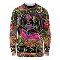 Black long-sleeve shirt with colorful African ethnic motif figure and patterned details