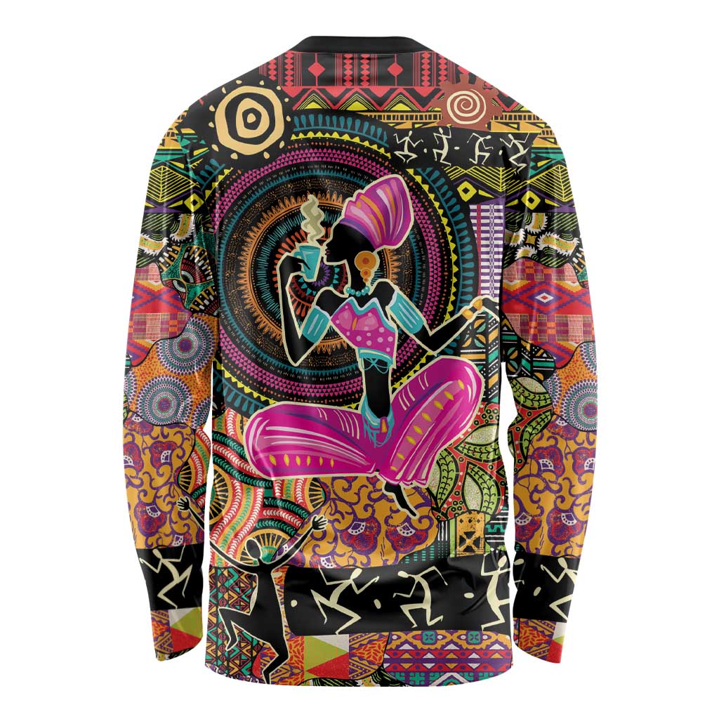 Black long-sleeve shirt with colorful back African motif figure and circular pattern