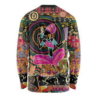 Black long-sleeve shirt with colorful back African motif figure and circular pattern