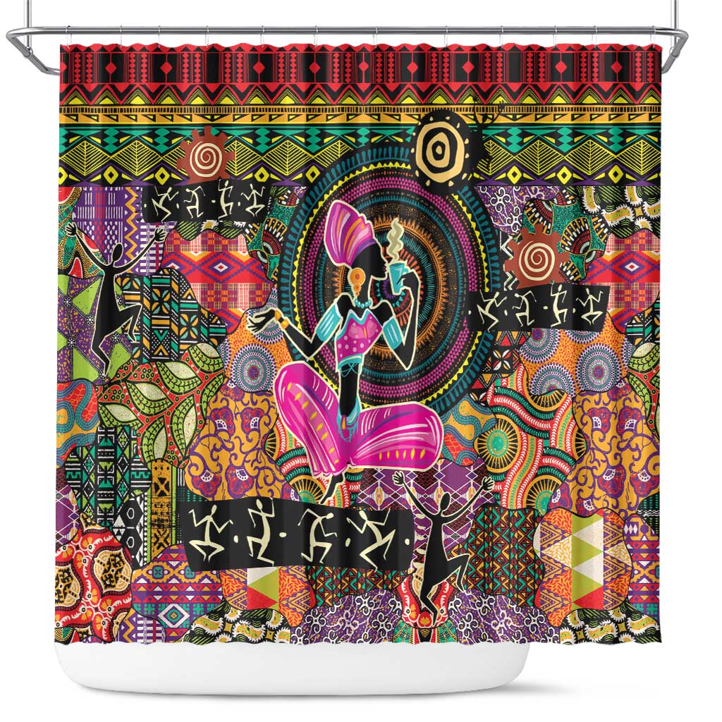 African women ethnic motifs shower curtain with colorful tribal patterns and central female figure