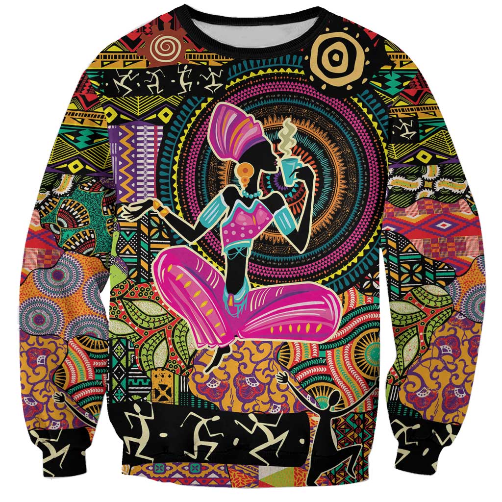 Graphic African-inspired sweatshirt, black with colorful ethnic figures and patterns