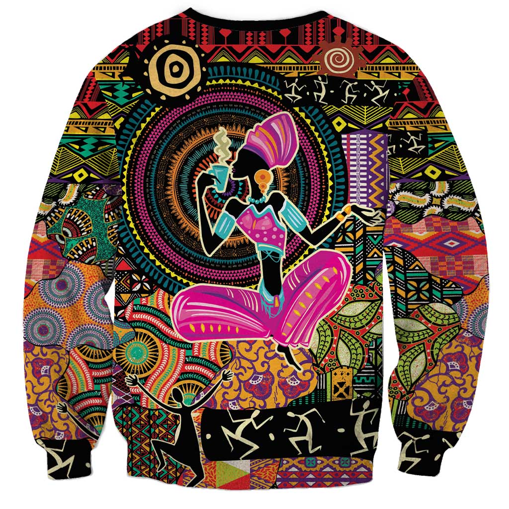 Graphic African-inspired sweatshirt back, black with colorful dancer and circular motif