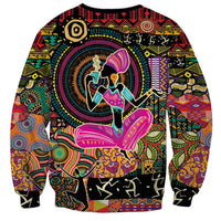 Graphic African-inspired sweatshirt back, black with colorful dancer and circular motif