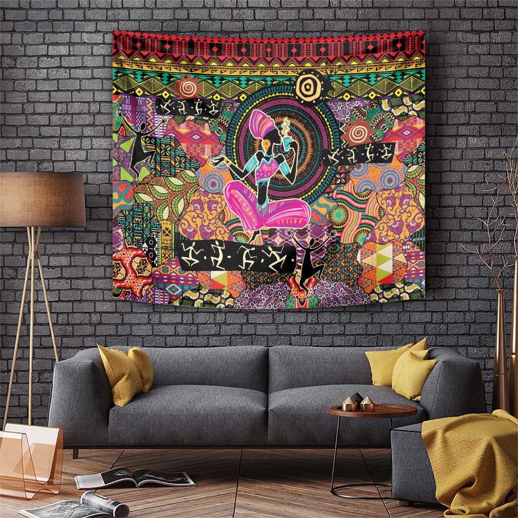 African women ethnic motifs tapestry with colorful dancer, horse figures, and geometric border