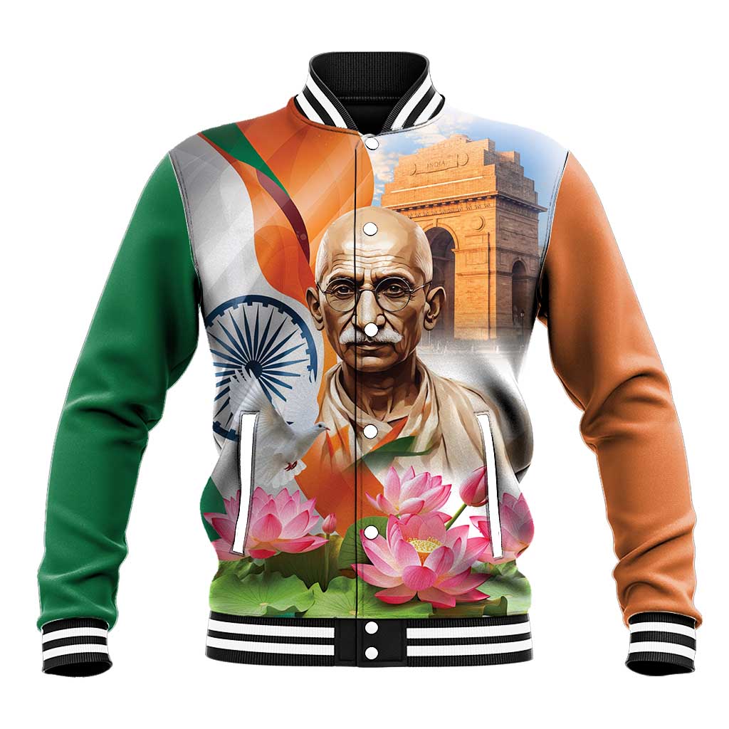 Unisex baseball jacket with ribbed collar, striped cuffs, and large multicolor graphic front