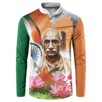 Button sweatshirt with Gandhi portrait, tricolor accents, lotus flowers and monument graphic