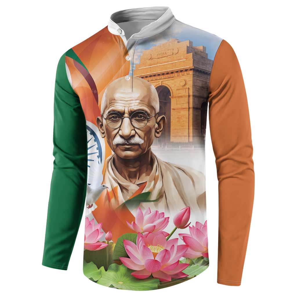 Button sweatshirt front graphic with Gandhi portrait, lotus flowers and tricolor side panels