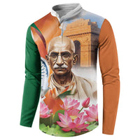 Button sweatshirt front graphic with Gandhi portrait, lotus flowers and tricolor side panels