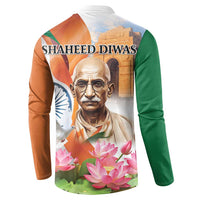 Button sweatshirt back graphic with Gandhi portrait, lotus flowers, "SHAHEED DIWAS" text