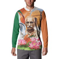 Button sweatshirt with Gandhi portrait and lotus graphic, long sleeves with tricolor sides