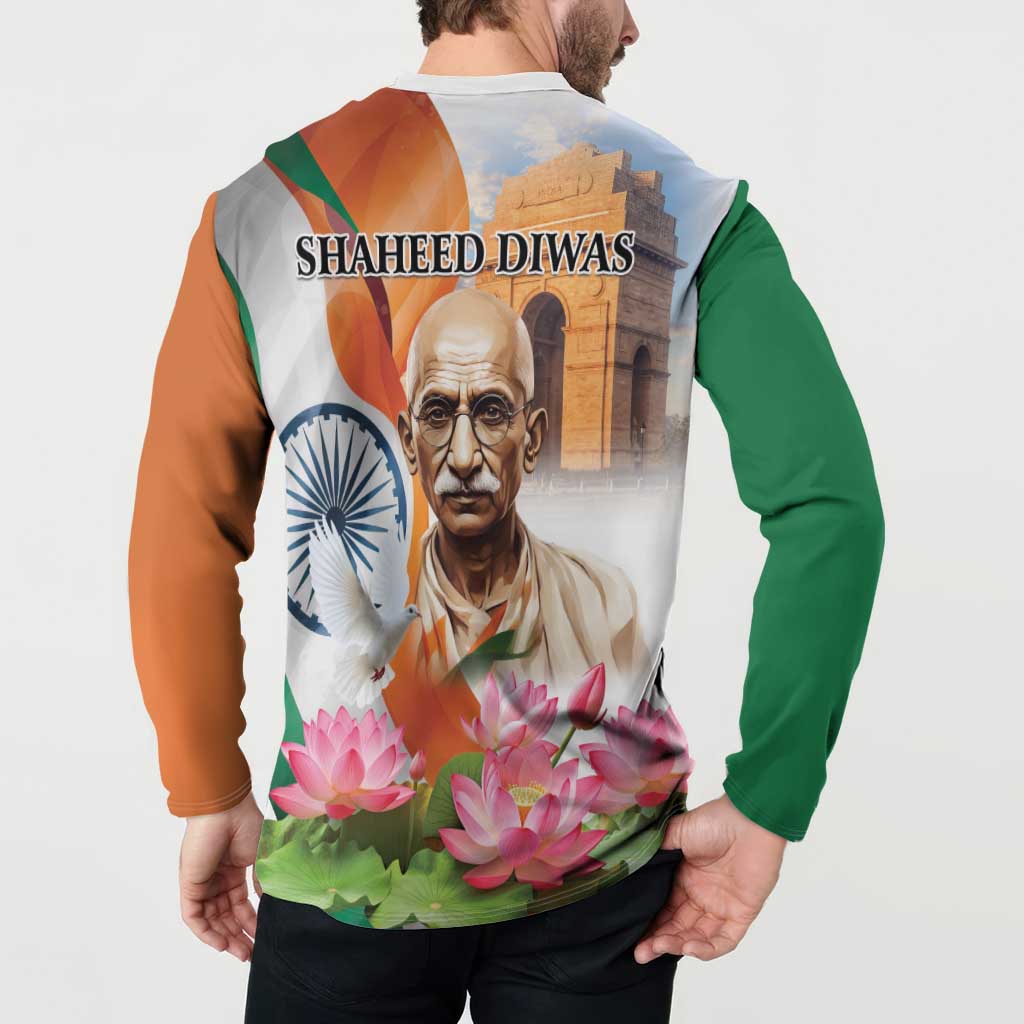 Button sweatshirt back with "SHAHEED DIWAS" text, Gandhi portrait and lotus flowers