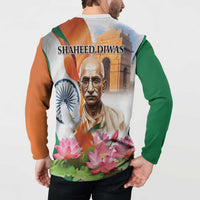 Button sweatshirt back with "SHAHEED DIWAS" text, Gandhi portrait and lotus flowers