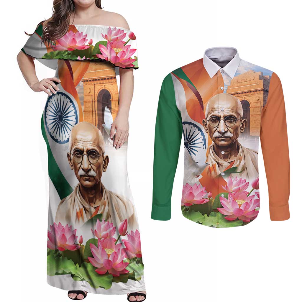 India Gandhi Martyr's Day Couples Matching Off Shoulder Maxi Dress and Long Sleeve Button Shirt Shaheed Diwas Ashoka Chakra