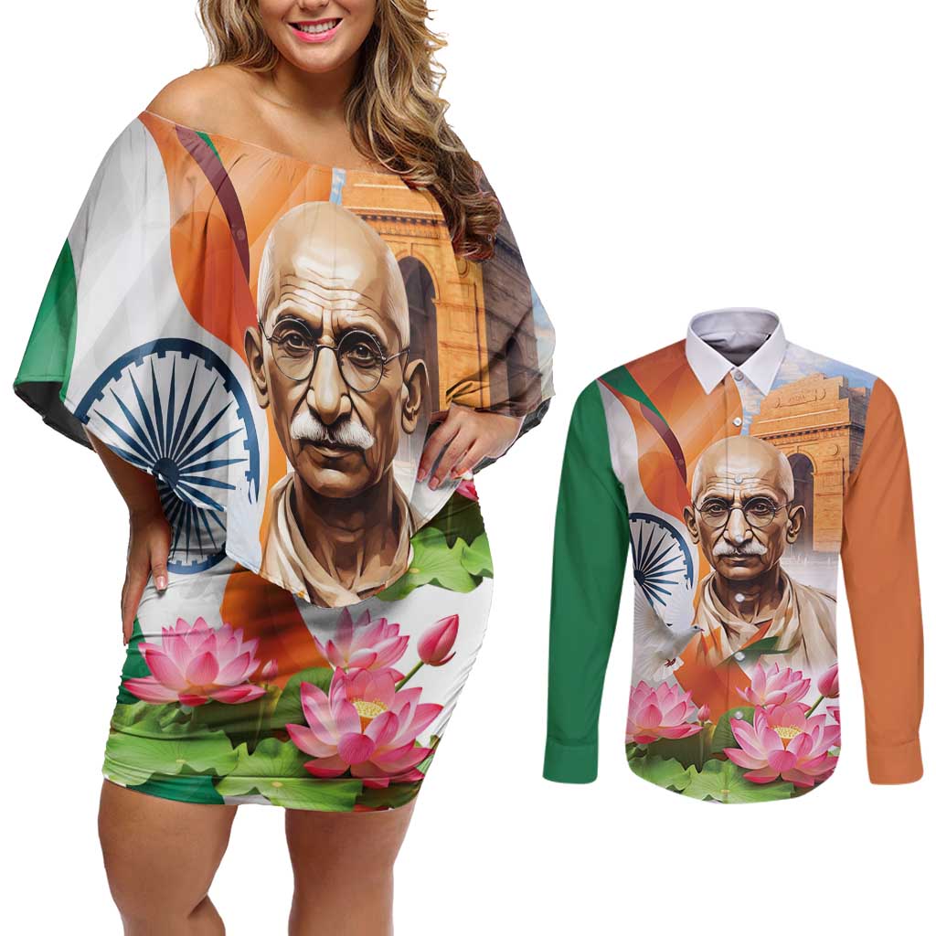 India Gandhi Martyr's Day Couples Matching Off Shoulder Short Dress and Long Sleeve Button Shirt Shaheed Diwas Ashoka Chakra