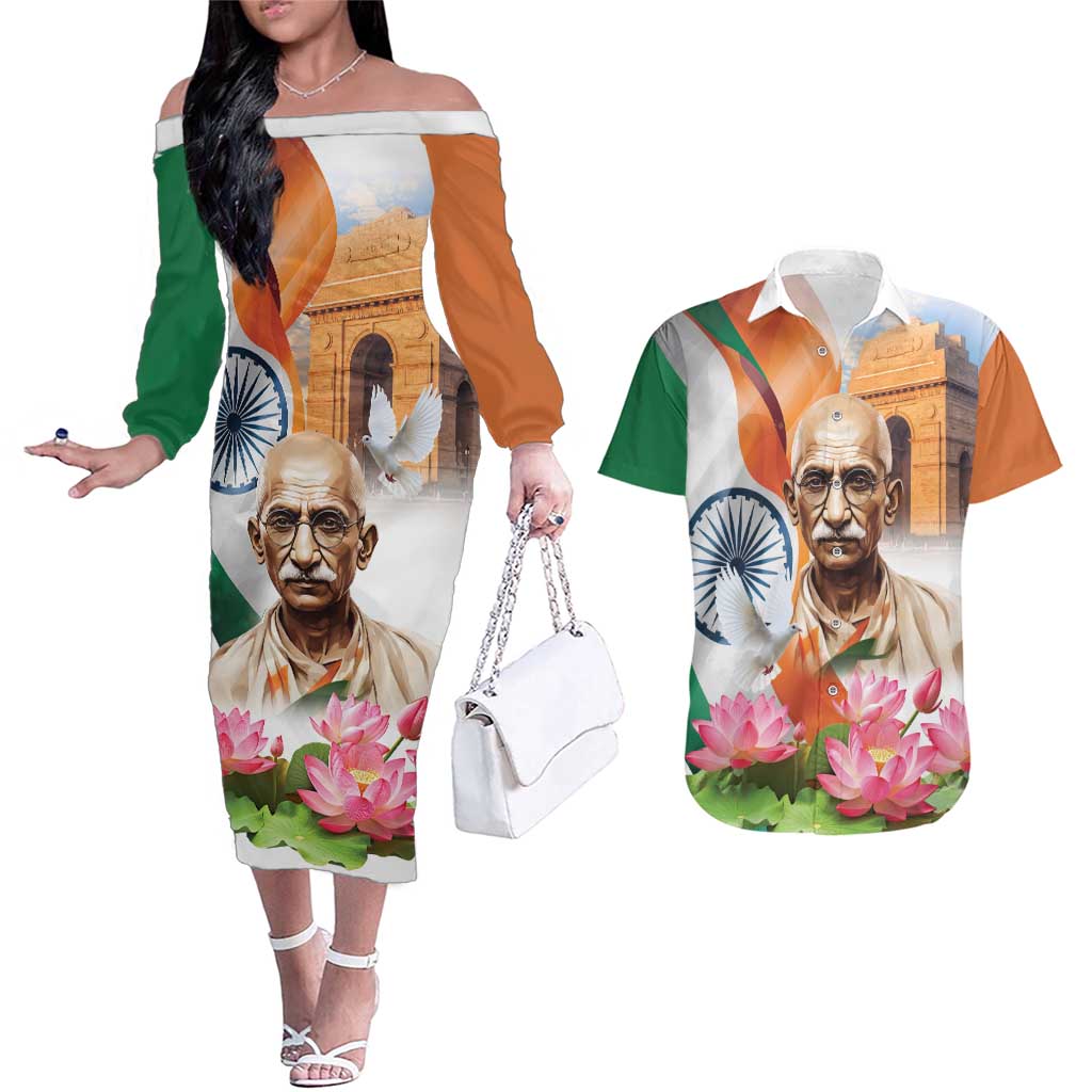 India Gandhi Martyr's Day Couples Matching Off The Shoulder Long Sleeve Dress and Hawaiian Shirt Shaheed Diwas Ashoka Chakra