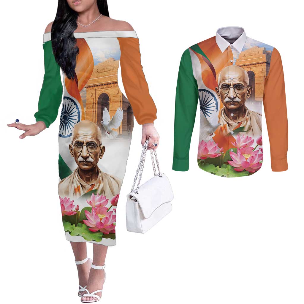 India Gandhi Martyr's Day Couples Matching Off The Shoulder Long Sleeve Dress and Long Sleeve Button Shirt Shaheed Diwas Ashoka Chakra