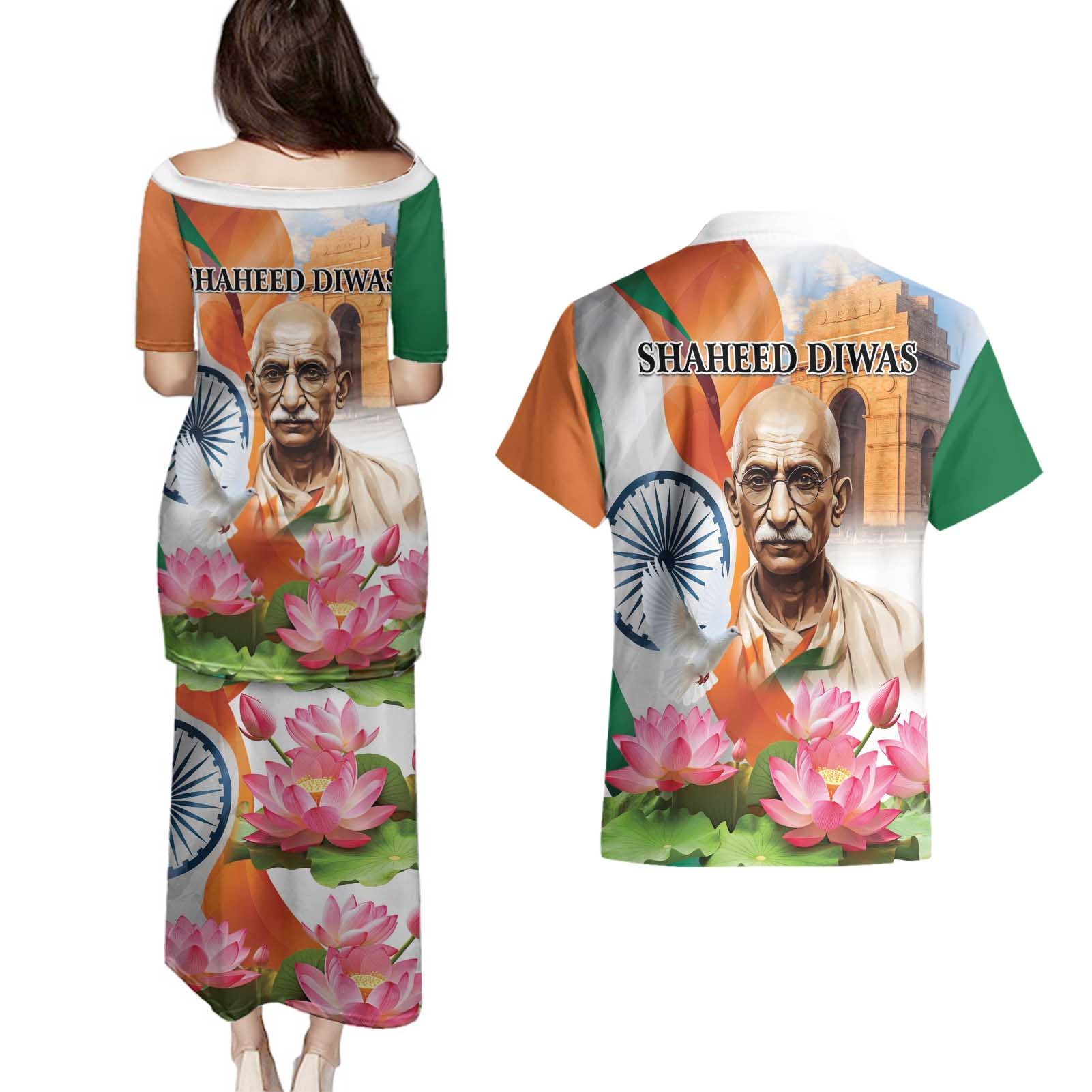 India Gandhi Martyr's Day Couples Matching Puletasi and Hawaiian Shirt Shaheed Diwas Ashoka Chakra