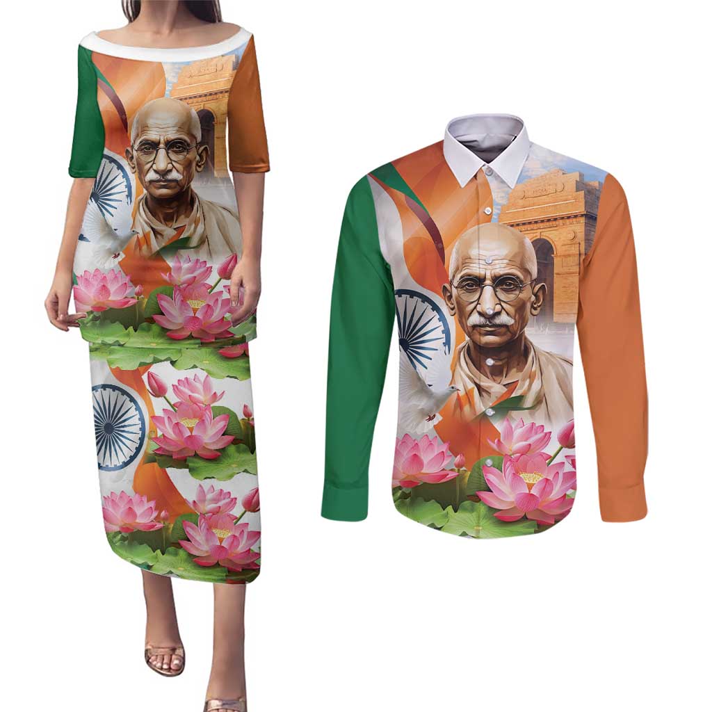 India Gandhi Martyr's Day Couples Matching Puletasi and Long Sleeve Button Shirt Shaheed Diwas Ashoka Chakra