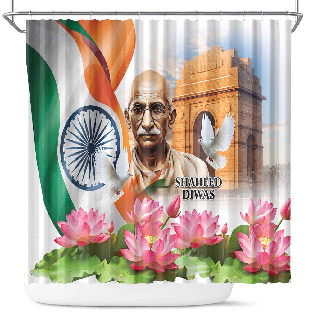 Printed white shower curtain with Gandhi portrait, Indian flag, Ashoka Chakra, dove, pink lotus