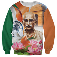 Unisex sweatshirt with printed Gandhi portrait, India flag, and pink lotus flowers