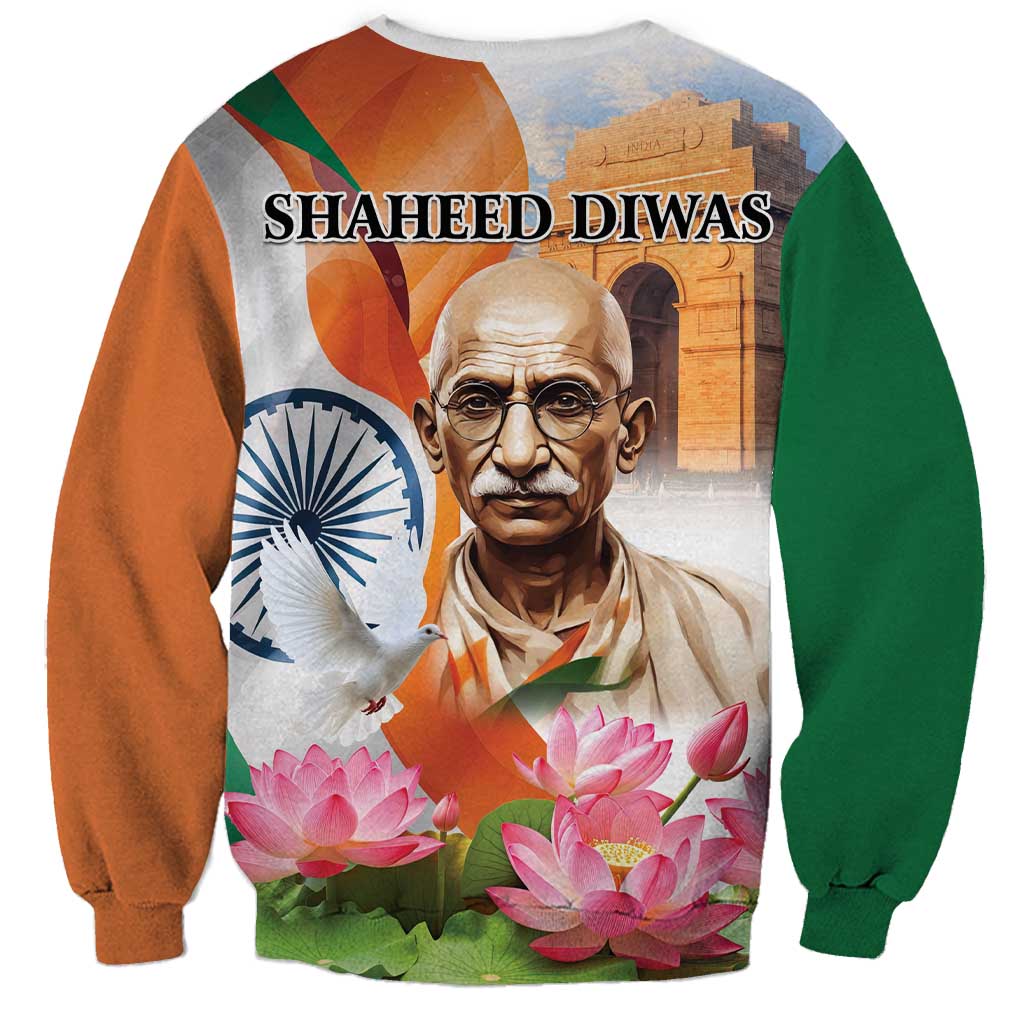 Unisex sweatshirt with 'SHAHEED DIWAS' text, Gandhi portrait, India flag, and lotus flowers