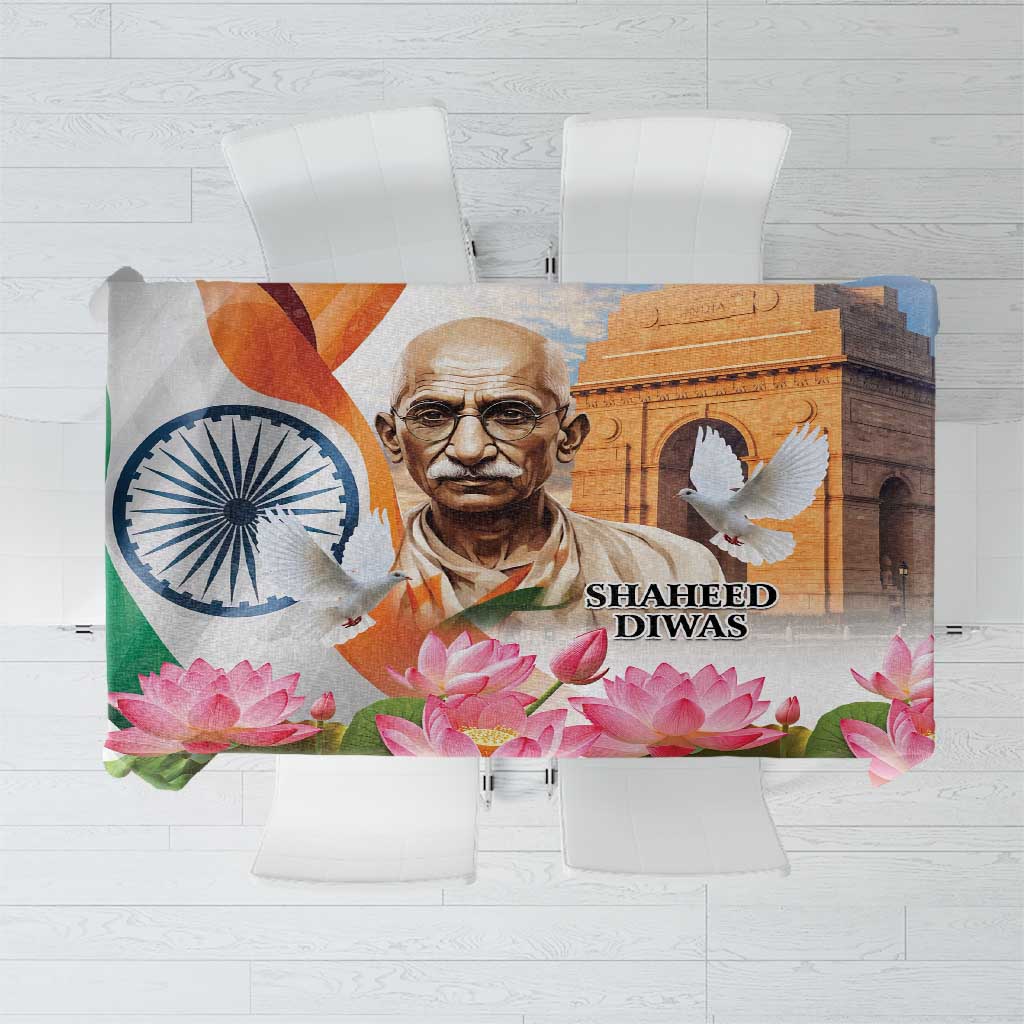 Rectangular tablecloth with portrait, Ashoka chakra, dove, and pink lotus flowers on white