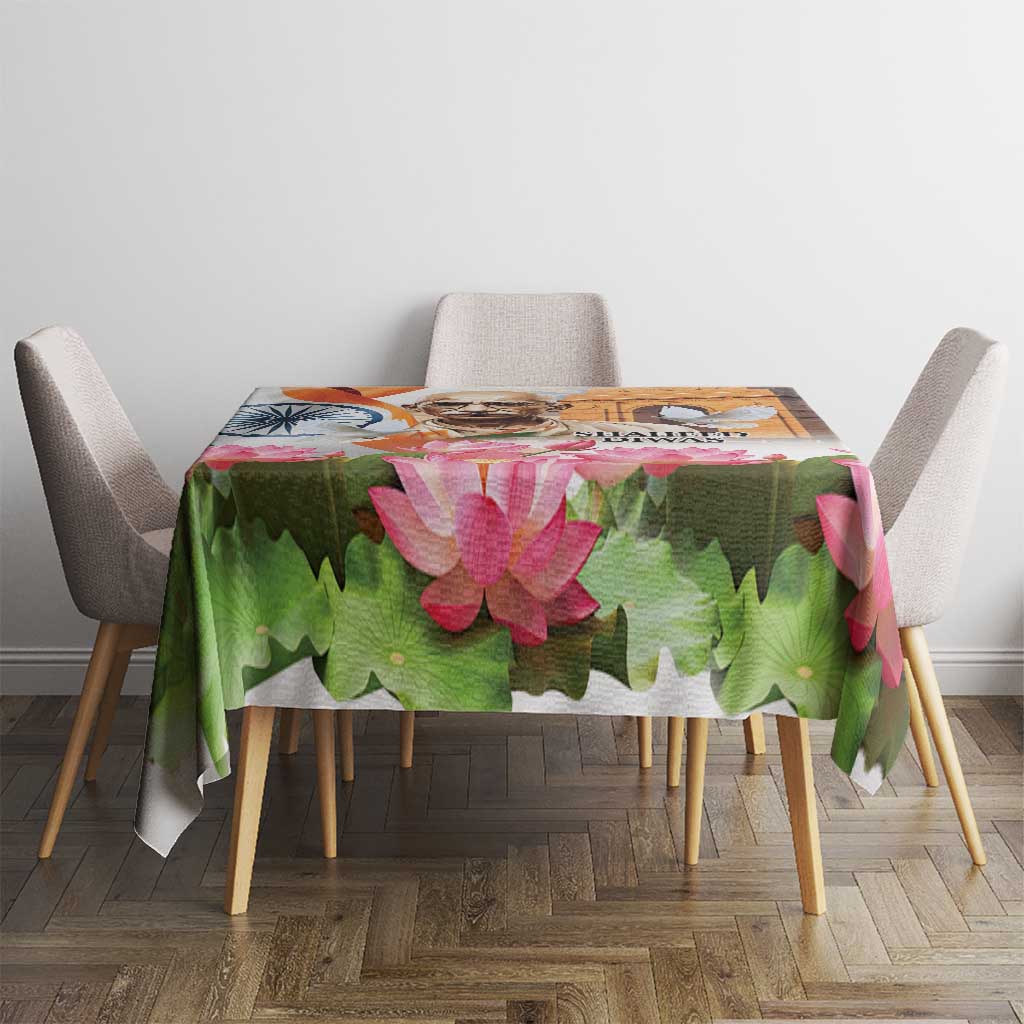 Rectangular lotus tablecloth with green leaves and pink flowers on dining table