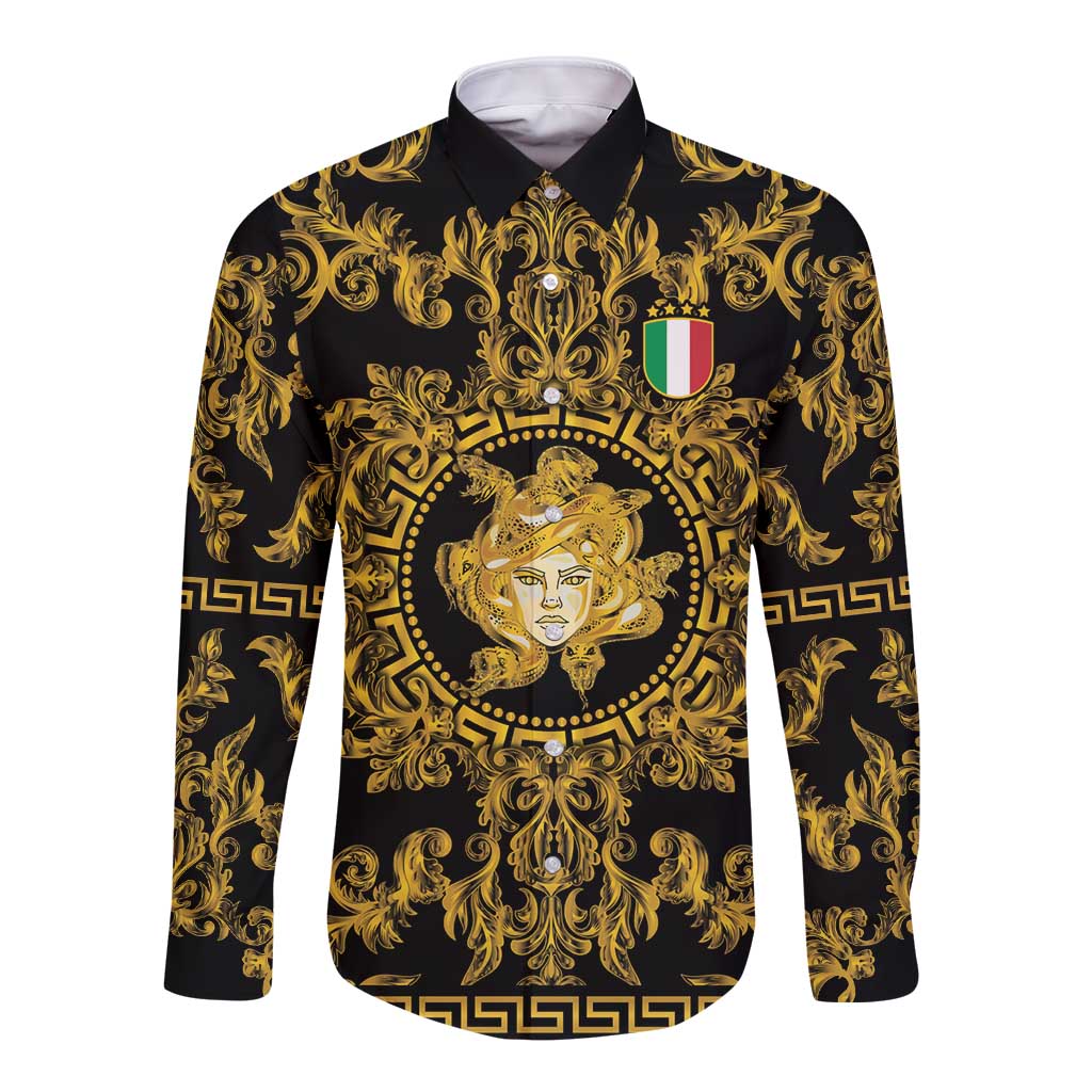 World Football 2026 Italy Custom Long Sleeve Button Shirt Black Gold Baroque Medusa Edition - Wonder Print Shop