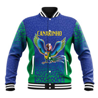 Blue and green baseball jacket with striped rib collar and Canarinho macaw front graphic