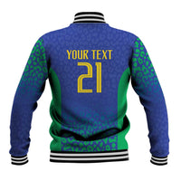 Blue and green baseball jacket back with striped rib collar, 'YOUR TEXT' and number 2