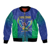 Blue and green bomber jacket with macaw mascot graphic, full-zip front, ribbed cuffs
